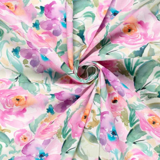 Baumwolle Popeline Stoff digital bedruckt Blumen Rosa