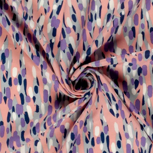 Viskose Popline Abstrakt Weiß Violett Peach