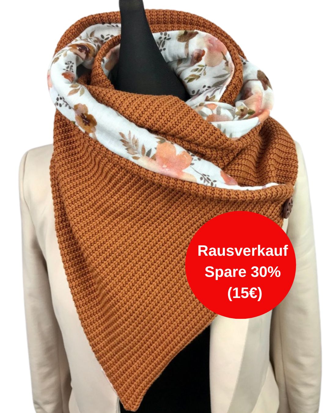Wickelschal Grobstrick Pfirsich geblümt